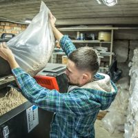 the man loads the pellets in the solid fuel boiler, economical heating the man loads the pellets in the solid fuel boiler, working with biofuels, economical heating